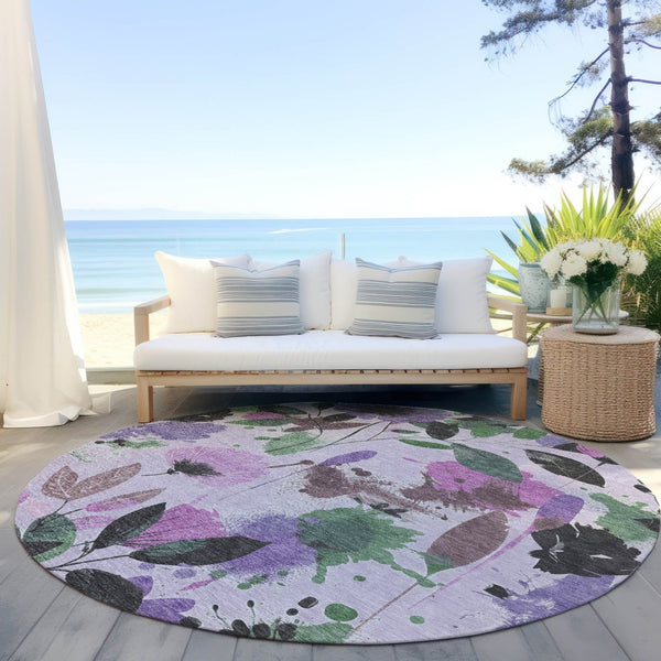 HomeRoots 5' Elegant Floral Washable Area Rug in Lavender & Artichoke Green for Indoor & Outdoor Spaces 8' x 8' 611503