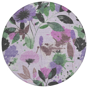 HomeRoots 5' Elegant Floral Washable Area Rug in Lavender & Artichoke Green for Indoor & Outdoor Spaces 8' x 8' 611503