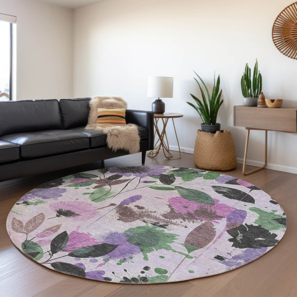 HomeRoots 5' Elegant Floral Washable Area Rug in Lavender & Artichoke Green for Indoor & Outdoor Spaces 8' x 8' 611503