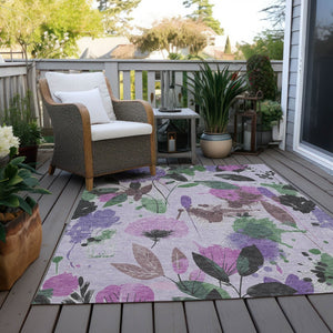 HomeRoots 5' Elegant Floral Washable Area Rug in Lavender & Artichoke Green for Indoor & Outdoor Spaces 8' x 10' 611504