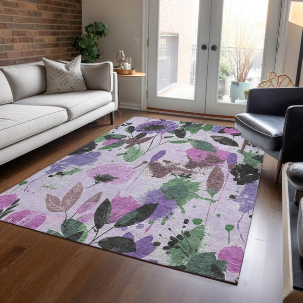 HomeRoots 5' Elegant Floral Washable Area Rug in Lavender & Artichoke Green for Indoor & Outdoor Spaces 8' x 10' 611504