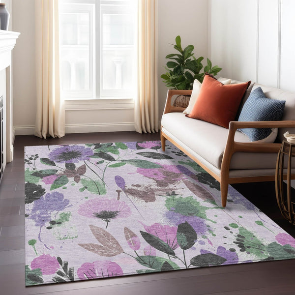 HomeRoots 5' Elegant Floral Washable Area Rug in Lavender & Artichoke Green for Indoor & Outdoor Spaces 9' x 12' 611505