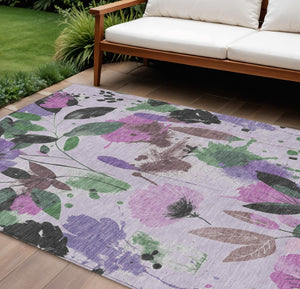 HomeRoots 5' Elegant Floral Washable Area Rug in Lavender & Artichoke Green for Indoor & Outdoor Spaces 10' x 14' 611506