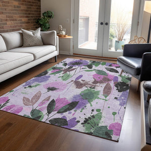 HomeRoots 5' Elegant Floral Washable Area Rug in Lavender & Artichoke Green for Indoor & Outdoor Spaces 10' x 14' 611506
