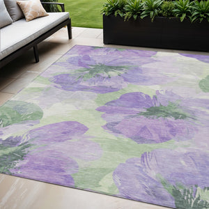 HomeRoots 5' Stylish Floral Indoor Outdoor Area Rug - Durable, Washable, Soft Lavender & Artichoke Green Design 5' x 7'6" 611514