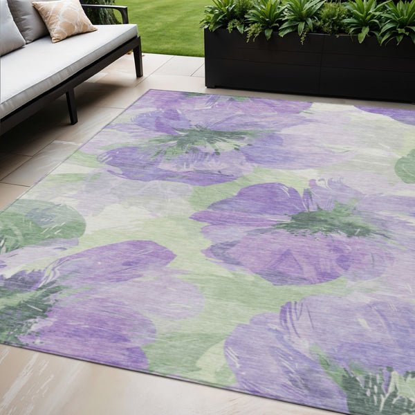 HomeRoots 5' Stylish Floral Indoor Outdoor Area Rug - Durable, Washable, Soft Lavender & Artichoke Green Design 5' x 7'6" 611514