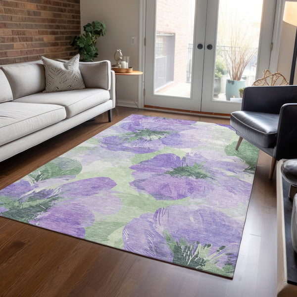 HomeRoots 5' Stylish Floral Indoor Outdoor Area Rug - Durable, Washable, Soft Lavender & Artichoke Green Design 5' x 7'6" 611514