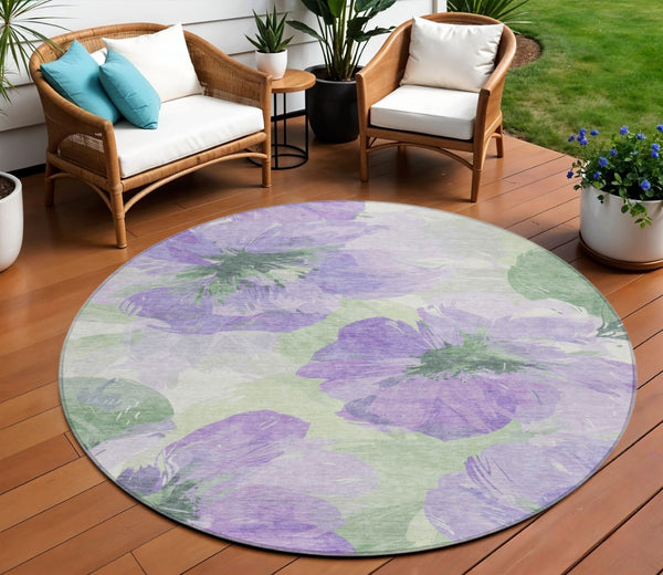 HomeRoots 5' Stylish Floral Indoor Outdoor Area Rug - Durable, Washable, Soft Lavender & Artichoke Green Design 8' x 8' 611515