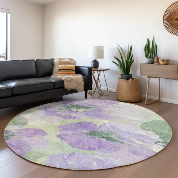 HomeRoots 5' Stylish Floral Indoor Outdoor Area Rug - Durable, Washable, Soft Lavender & Artichoke Green Design 8' x 8' 611515