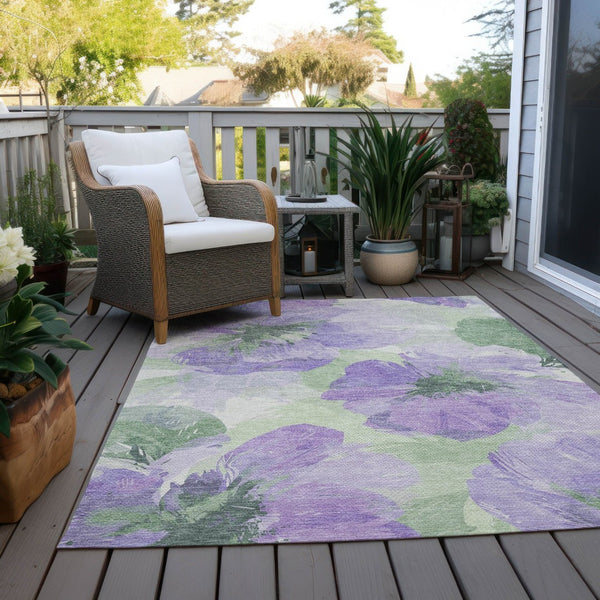 HomeRoots 5' Stylish Floral Indoor Outdoor Area Rug - Durable, Washable, Soft Lavender & Artichoke Green Design 10' x 14' 611518