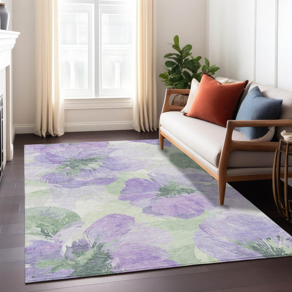 HomeRoots 5' Stylish Floral Indoor Outdoor Area Rug - Durable, Washable, Soft Lavender & Artichoke Green Design 10' x 14' 611518