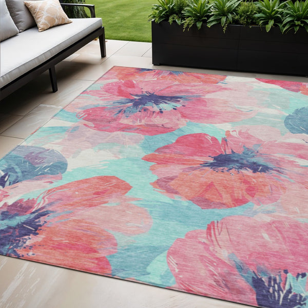 HomeRoots 5' Floral Washable Area Rug in Pink and Sky Blue – Perfect for Indoor or Outdoor Charm and Durability 5' x 7'6" 611520