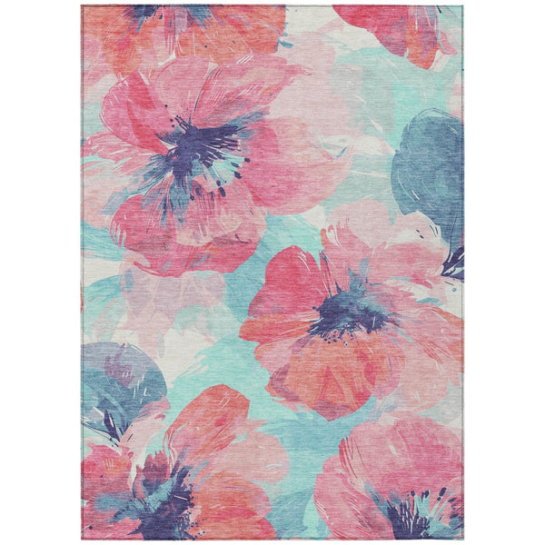 HomeRoots 5' Floral Washable Area Rug in Pink and Sky Blue – Perfect for Indoor or Outdoor Charm and Durability 5' x 7'6" 611520