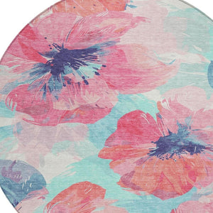 HomeRoots 5' Floral Washable Area Rug in Pink and Sky Blue – Perfect for Indoor or Outdoor Charm and Durability 8' x 8' 611521