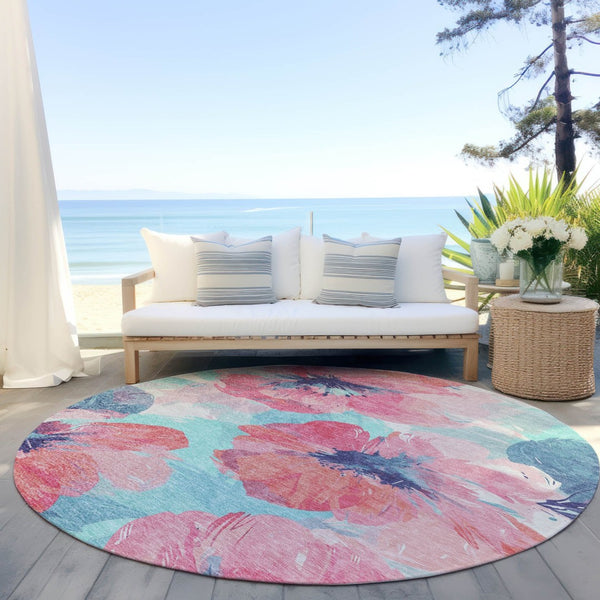 HomeRoots 5' Floral Washable Area Rug in Pink and Sky Blue – Perfect for Indoor or Outdoor Charm and Durability 8' x 8' 611521