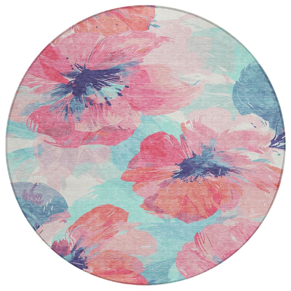 HomeRoots 5' Floral Washable Area Rug in Pink and Sky Blue – Perfect for Indoor or Outdoor Charm and Durability 8' x 8' 611521