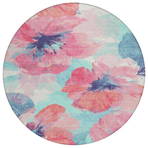 HomeRoots 5' Floral Washable Area Rug in Pink and Sky Blue – Perfect for Indoor or Outdoor Charm and Durability 8' x 8' 611521
