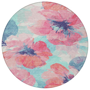 HomeRoots 5' Floral Washable Area Rug in Pink and Sky Blue – Perfect for Indoor or Outdoor Charm and Durability 8' x 8' 611521