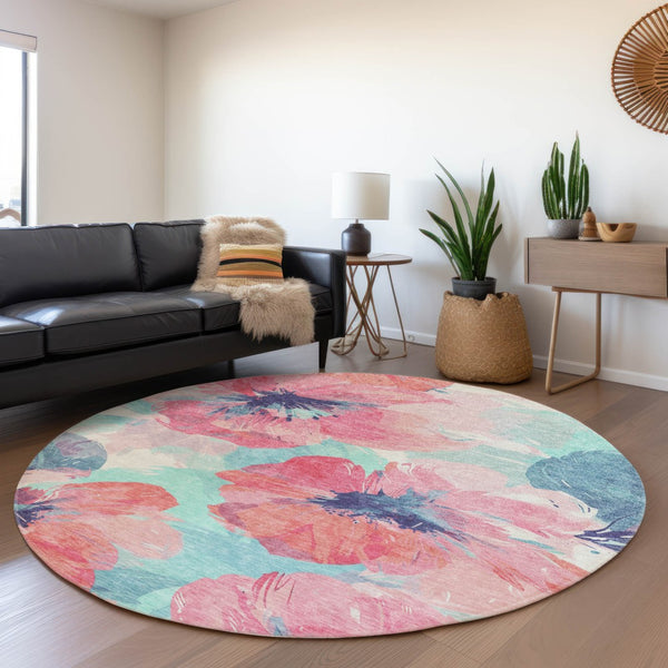 HomeRoots 5' Floral Washable Area Rug in Pink and Sky Blue – Perfect for Indoor or Outdoor Charm and Durability 8' x 8' 611521