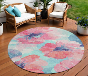 HomeRoots 5' Floral Washable Area Rug in Pink and Sky Blue – Perfect for Indoor or Outdoor Charm and Durability 8' x 8' 611521