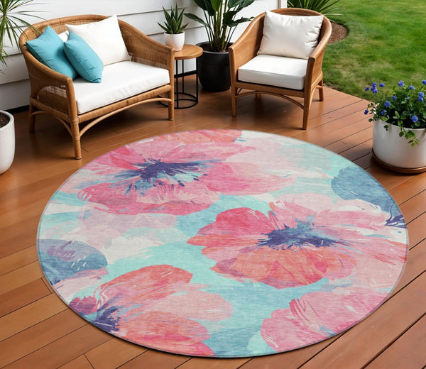 HomeRoots 5' Floral Washable Area Rug in Pink and Sky Blue – Perfect for Indoor or Outdoor Charm and Durability 8' x 8' 611521