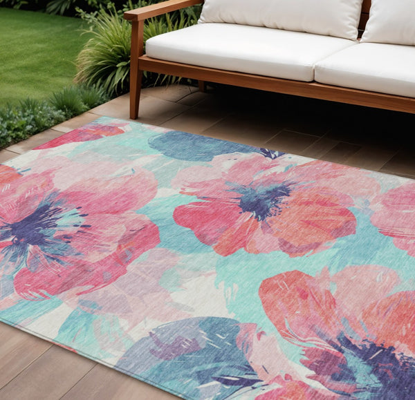 HomeRoots 5' Floral Washable Area Rug in Pink and Sky Blue – Perfect for Indoor or Outdoor Charm and Durability 8' x 10' 611522
