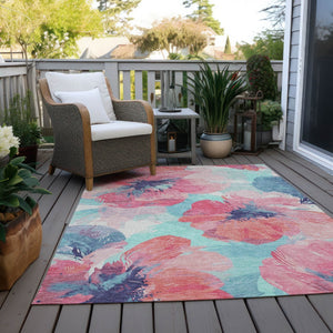 HomeRoots 5' Floral Washable Area Rug in Pink and Sky Blue – Perfect for Indoor or Outdoor Charm and Durability 8' x 10' 611522