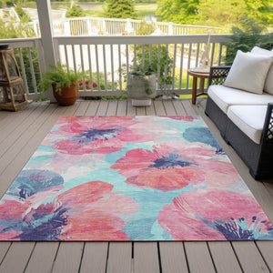 HomeRoots 5' Floral Washable Area Rug in Pink and Sky Blue – Perfect for Indoor or Outdoor Charm and Durability 8' x 10' 611522