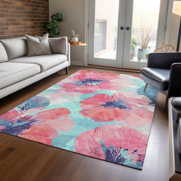 HomeRoots 5' Floral Washable Area Rug in Pink and Sky Blue – Perfect for Indoor or Outdoor Charm and Durability 9' x 12' 611523