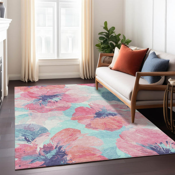 HomeRoots 5' Floral Washable Area Rug in Pink and Sky Blue – Perfect for Indoor or Outdoor Charm and Durability 10' x 14' 611524