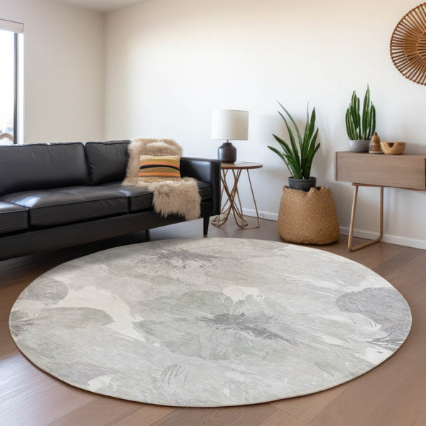 HomeRoots 5' Elegant Ivory and Silver Floral Area Rug - Washable, Indoor/Outdoor, Durable, Stylish Design 8' x 8' 611527