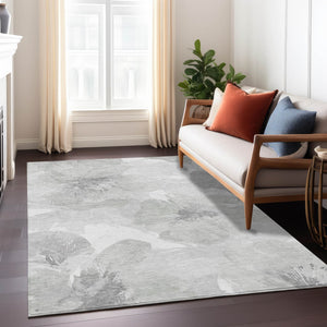 HomeRoots 5' Elegant Ivory and Silver Floral Area Rug - Washable, Indoor/Outdoor, Durable, Stylish Design 10' x 14' 611530
