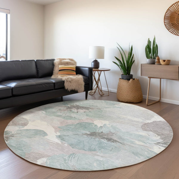 HomeRoots 5' Blue and Sage Floral Washable Area Rug - Stylish Indoor/Outdoor Decor for High-Traffic Spaces 8' x 8' 611533