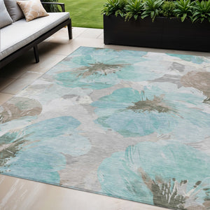 HomeRoots 5' Vibrant Teal Blue and Aqua Floral Washable Area Rug for Indoor and Outdoor Spaces, Durable Design 5' x 7'6" 611538