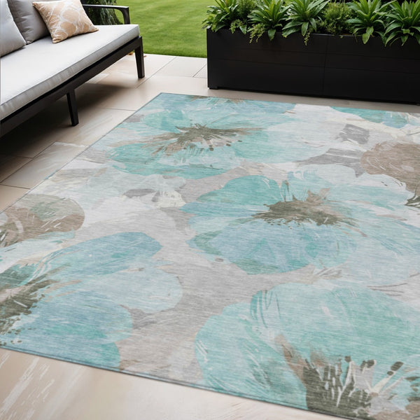 HomeRoots 5' Vibrant Teal Blue and Aqua Floral Washable Area Rug for Indoor and Outdoor Spaces, Durable Design 5' x 7'6" 611538
