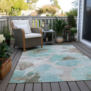 HomeRoots 5' Vibrant Teal Blue and Aqua Floral Washable Area Rug for Indoor and Outdoor Spaces, Durable Design 5' x 7'6" 611538