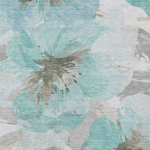 HomeRoots 5' Vibrant Teal Blue and Aqua Floral Washable Area Rug for Indoor and Outdoor Spaces, Durable Design 5' x 7'6" 611538