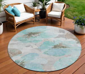 HomeRoots 5' Vibrant Teal Blue and Aqua Floral Washable Area Rug for Indoor and Outdoor Spaces, Durable Design 8' x 8' 611539