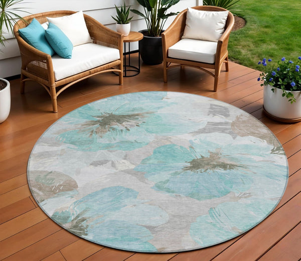 HomeRoots 5' Vibrant Teal Blue and Aqua Floral Washable Area Rug for Indoor and Outdoor Spaces, Durable Design 8' x 8' 611539