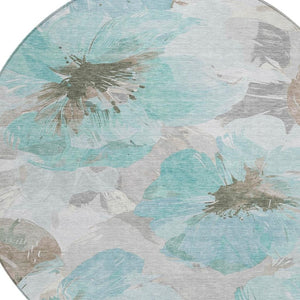 HomeRoots 5' Vibrant Teal Blue and Aqua Floral Washable Area Rug for Indoor and Outdoor Spaces, Durable Design 8' x 8' 611539