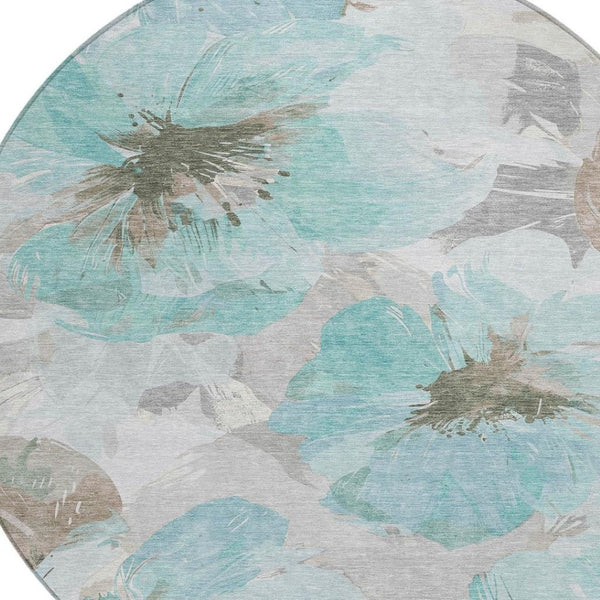 HomeRoots 5' Vibrant Teal Blue and Aqua Floral Washable Area Rug for Indoor and Outdoor Spaces, Durable Design 8' x 8' 611539