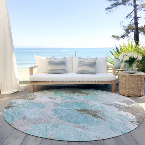 HomeRoots 5' Vibrant Teal Blue and Aqua Floral Washable Area Rug for Indoor and Outdoor Spaces, Durable Design 8' x 8' 611539