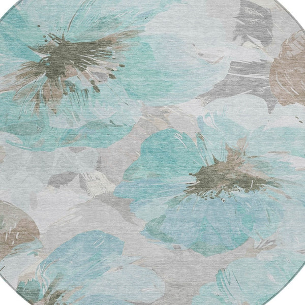 HomeRoots 5' Vibrant Teal Blue and Aqua Floral Washable Area Rug for Indoor and Outdoor Spaces, Durable Design 8' x 8' 611539