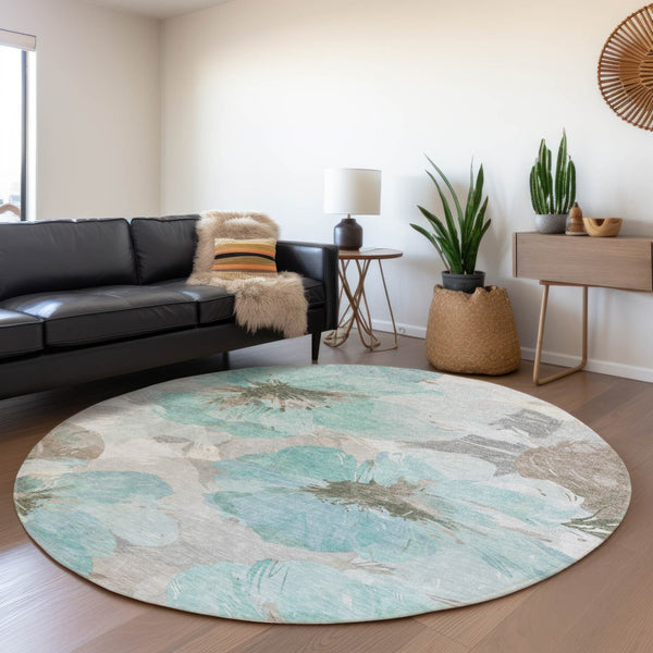 HomeRoots 5' Vibrant Teal Blue and Aqua Floral Washable Area Rug for Indoor and Outdoor Spaces, Durable Design 8' x 8' 611539
