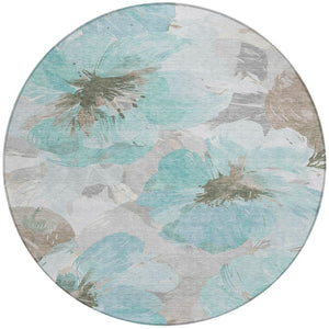 HomeRoots 5' Vibrant Teal Blue and Aqua Floral Washable Area Rug for Indoor and Outdoor Spaces, Durable Design 8' x 8' 611539