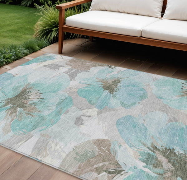 HomeRoots 5' Vibrant Teal Blue and Aqua Floral Washable Area Rug for Indoor and Outdoor Spaces, Durable Design 8' x 10' 611540