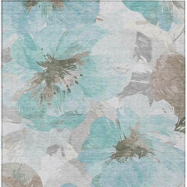 HomeRoots 5' Vibrant Teal Blue and Aqua Floral Washable Area Rug for Indoor and Outdoor Spaces, Durable Design 8' x 10' 611540