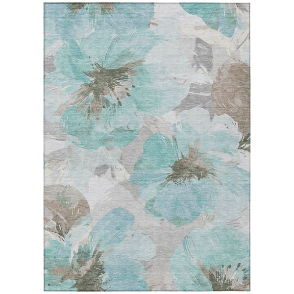 HomeRoots 5' Vibrant Teal Blue and Aqua Floral Washable Area Rug for Indoor and Outdoor Spaces, Durable Design 9' x 12' 611541
