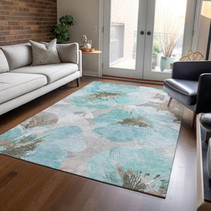 HomeRoots 5' Vibrant Teal Blue and Aqua Floral Washable Area Rug for Indoor and Outdoor Spaces, Durable Design 9' x 12' 611541