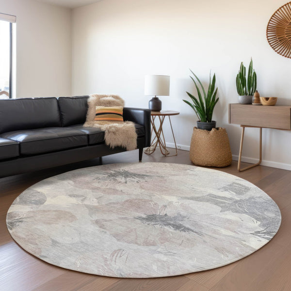 HomeRoots 5' Indoor Outdoor Floral Area Rug - Durable, Washable Taupe and Beige Design for Stylish Spaces 8' x 8' 611545